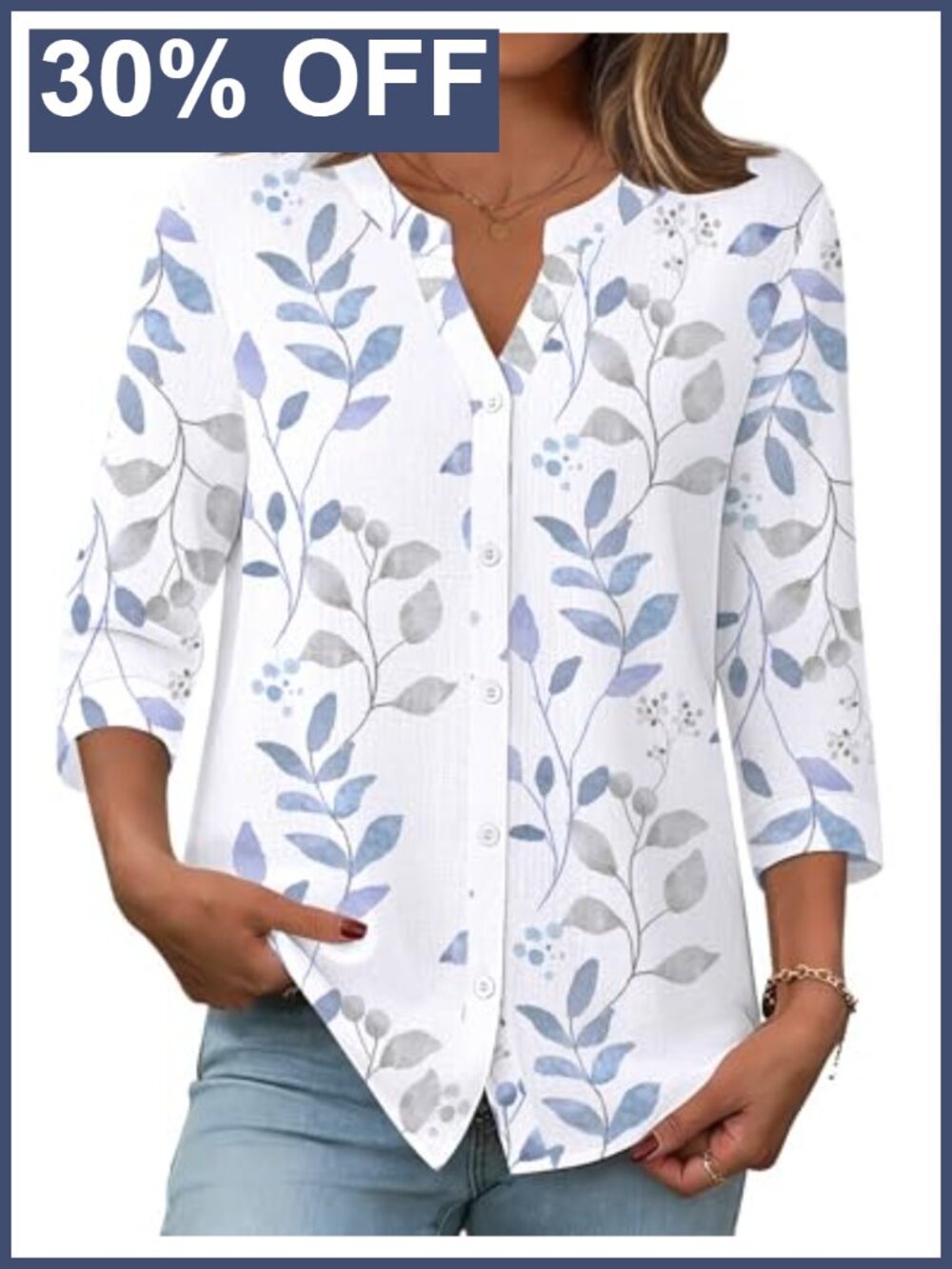 Women's Button Down Shirt Cotton Linen 3/4 Sleeve Collared V Neck Work Blouse